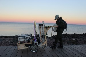 Robot Rickshaw, a human-powered cart of robotic musical instruments created by composer Troy Rogers and Expressive Machines Musical Instruments (EMMI), performs on the Lakewalk in Duluth, MN. Photo credit: Melissa Maki