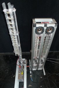 The robotic musical instrument system MARIE (Monochord-Aerophone Robotic Instrument Ensemble), created by Expressive Machines Musical Instruments. This modular electroacoustic robotic instrument system (MEARIS) comprises CARI (Cylindrical Aerophone Robotic instrument), a clarinet-like musical robot (left), and the robotic string instrument AMI (Automatic Monochord Instrument), right. Photo credit: Troy Rogers