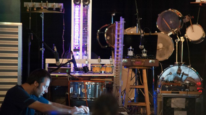 Troy Rogers (aka Robot Rickshaw) performs with his band of robotic musical instruments at Beaner's Central in Duluth, MN.